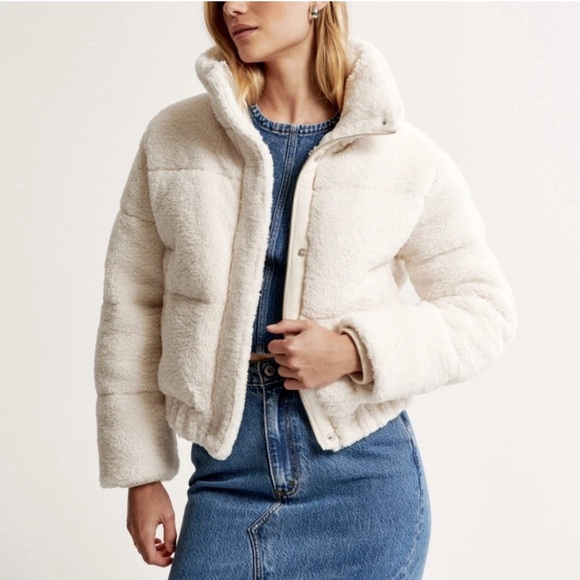 NEW Abercrombie & Fitch Sherpa Ultra Mini Puffer Jacket Bomber XXL Cream NWT - Picture 1 of 10